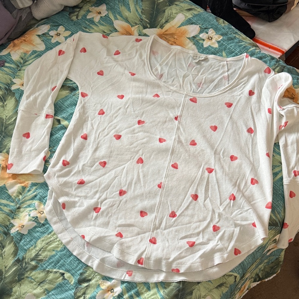 Lucky Brand White and Pink Heart Long Sleeve Top